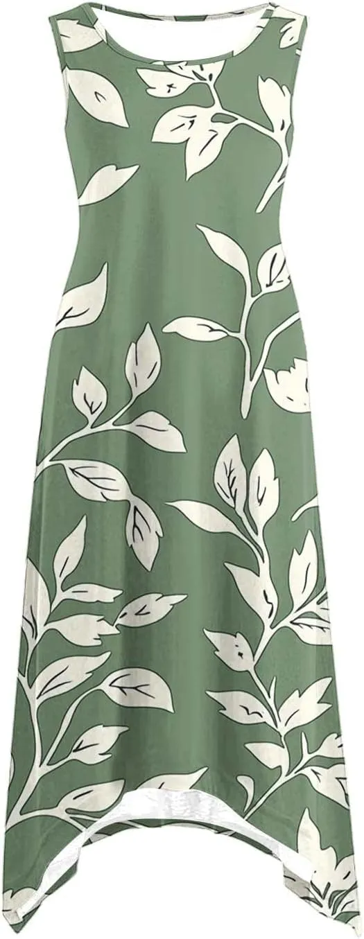 Women's Sexy Spaghetti Straps Midi Dresses Sleeveless Casual Sundress Floral Printed Flowy Beach Dress