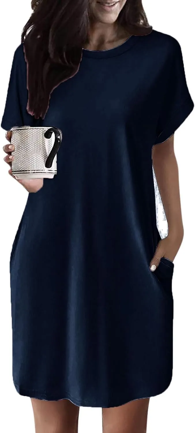 Womens Shirt Dress Summer Short Sleeve Tshirt Dress Beach Mini Sundress Crew Neck Loose Solid Color Nightgown