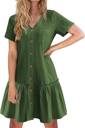 Womens Shirt Dresses Summer V Neck Button Down Short Sleeve Mini Dress Casual Tunic Ruffle Hem Dress with Pockets