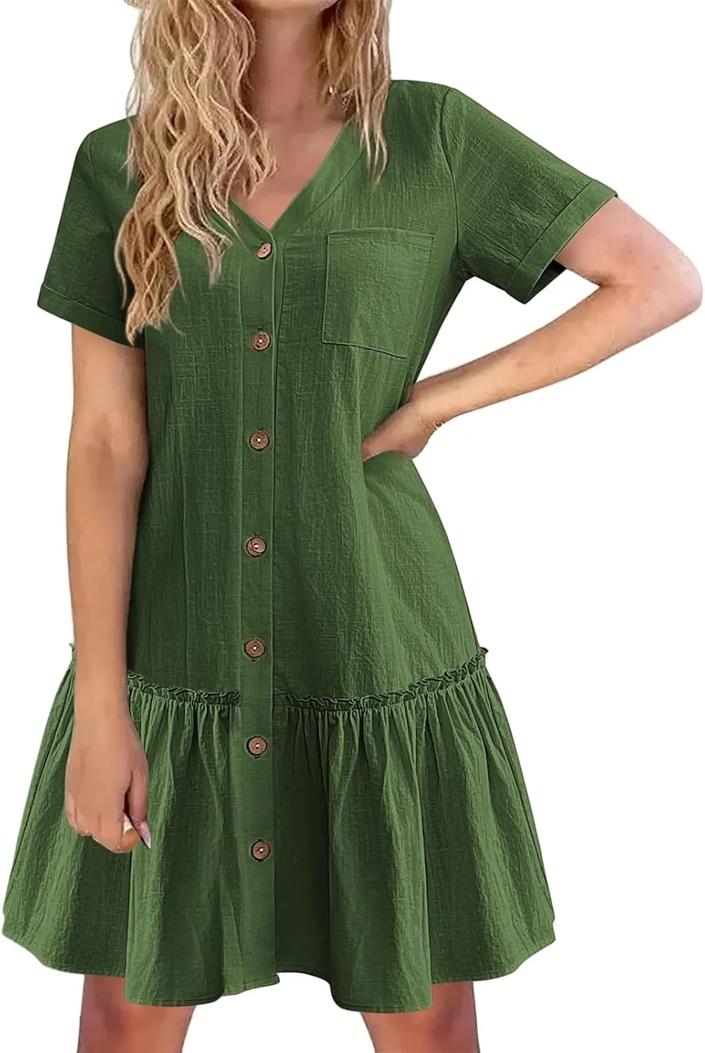 Womens Shirt Dresses Summer V Neck Button Down Short Sleeve Mini Dress Casual Tunic Ruffle Hem Dress with Pockets