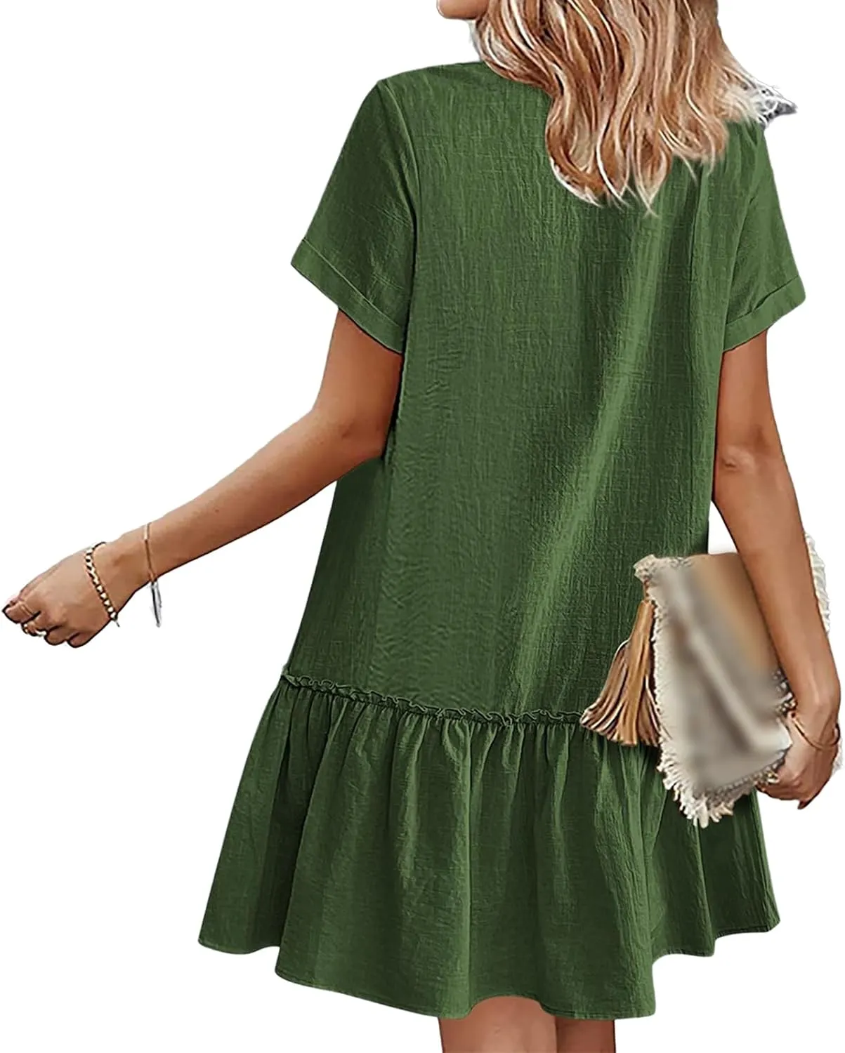 Womens Shirt Dresses Summer V Neck Button Down Short Sleeve Mini Dress Casual Tunic Ruffle Hem Dress with Pockets