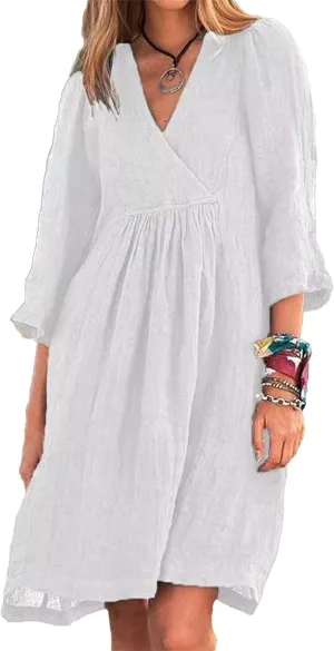 Women's Short Sleeve Tunic Dress V Neck Linen Loose Half Sleeve Pleated Cute Casual Dresses Solid Vacation Boho Dress