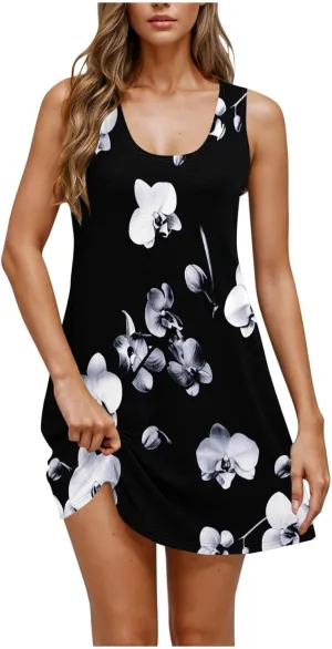 Women's Sleeveless Beach Dresses Trendy Swimsuit Cover Ups Vacation Dresses Floral Flowy Mini Dress Swing Dresses