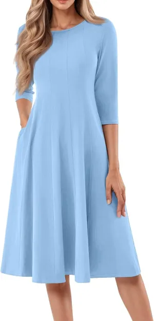 Womens Spring Dresses Crew Neck 3/4 Sleeve Beach Dress Solid Plain A Line Dress Summer Midi Flowy Dresses with Pocket