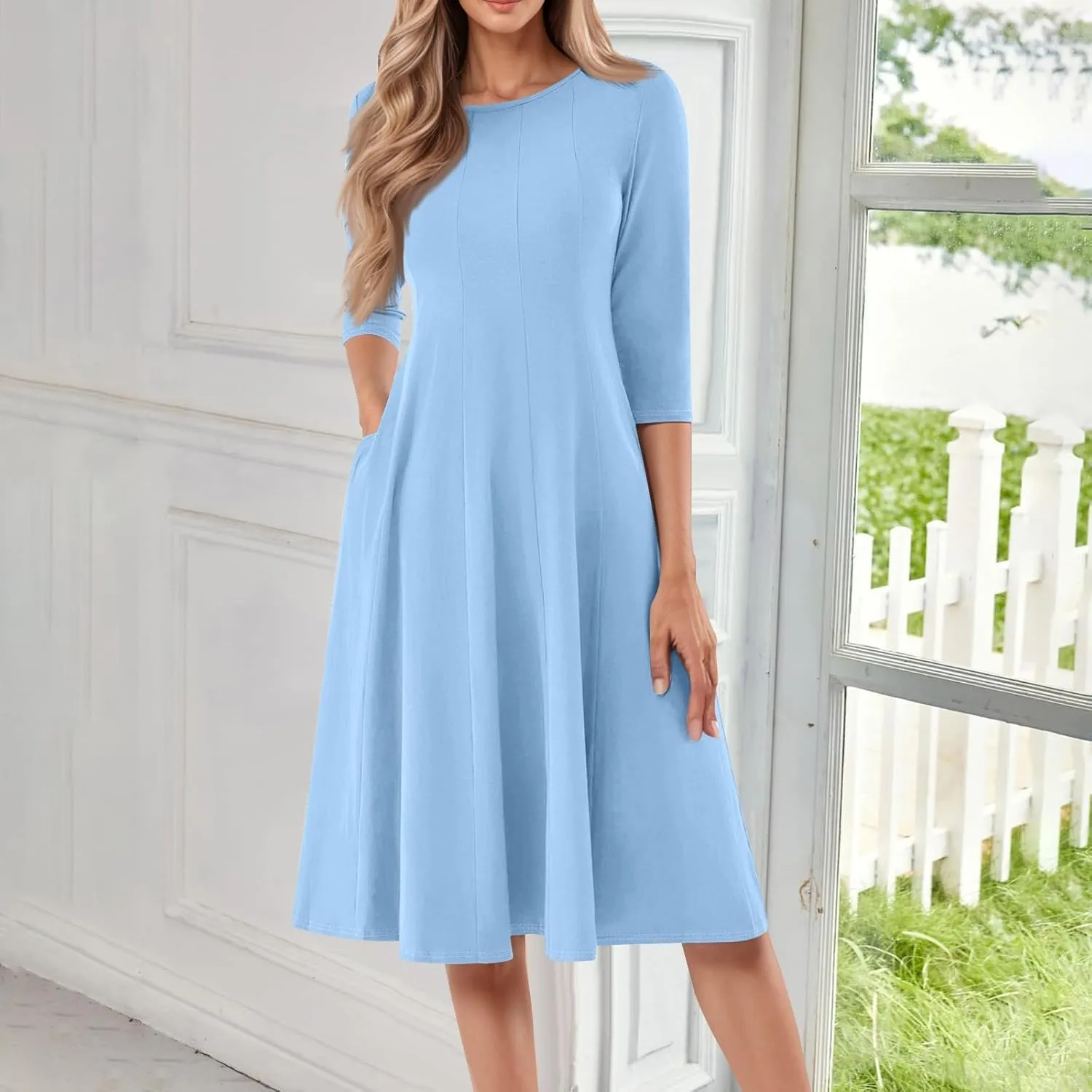 Womens Spring Dresses Crew Neck 3/4 Sleeve Beach Dress Solid Plain A Line Dress Summer Midi Flowy Dresses with Pocket