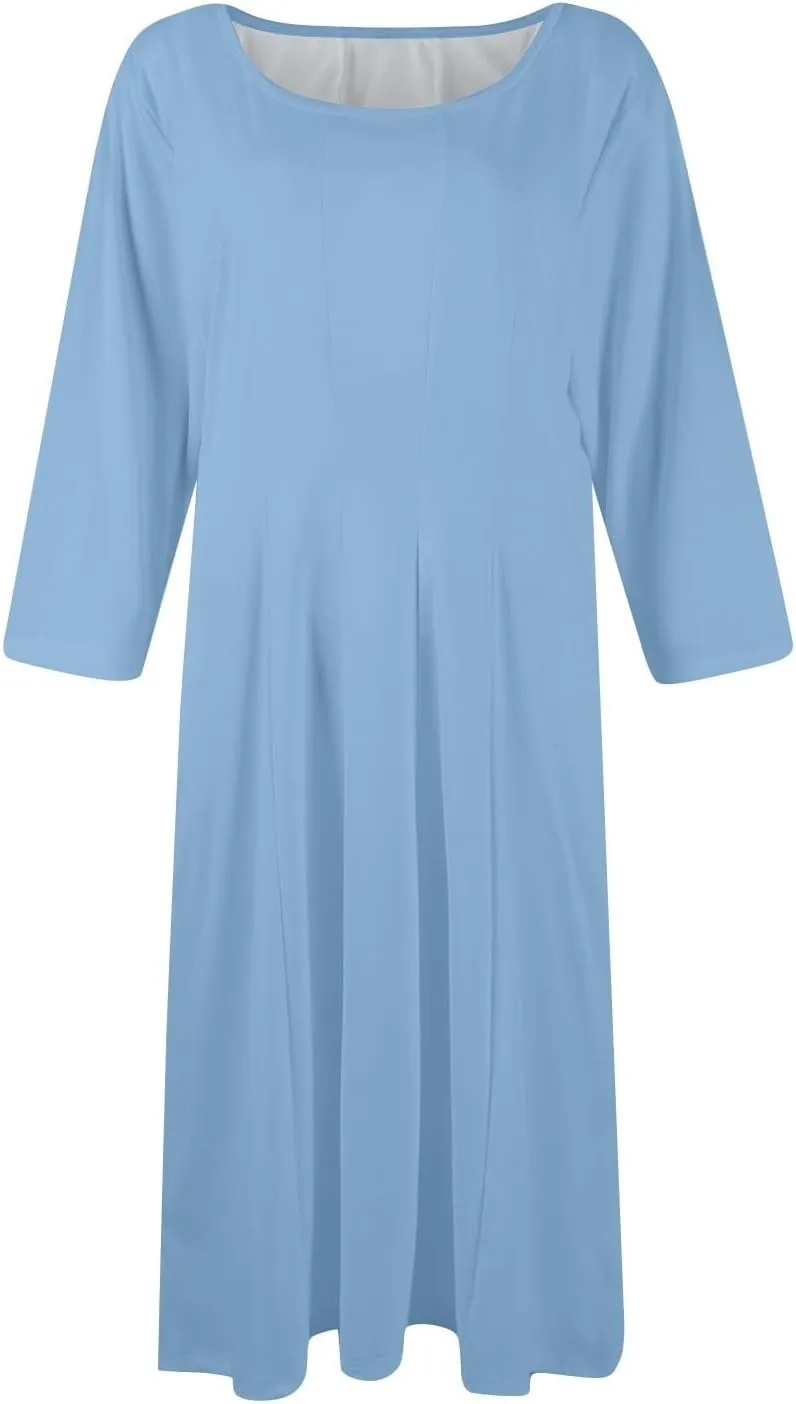 Womens Spring Dresses Crew Neck 3/4 Sleeve Beach Dress Solid Plain A Line Dress Summer Midi Flowy Dresses with Pocket