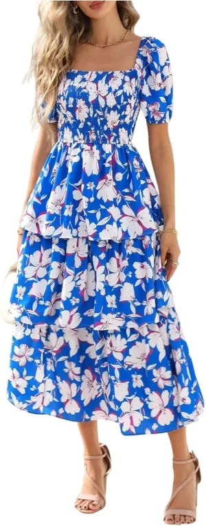 Womens Square Neck Smocked Dress Summer Puff Short Sleeve Floral Casual Ruffle Tiered Maxi Wedding Guest Dresses