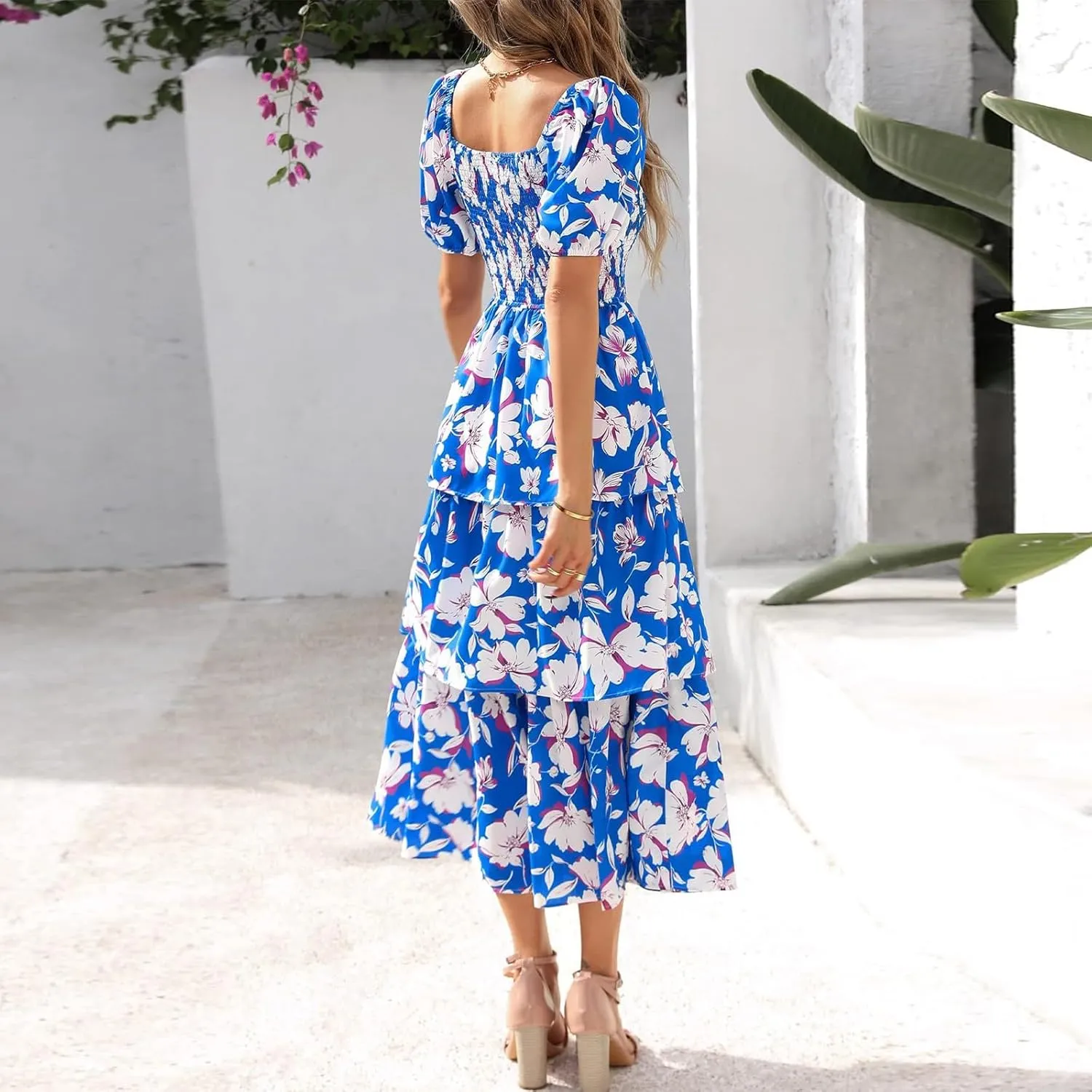 Womens Square Neck Smocked Dress Summer Puff Short Sleeve Floral Casual Ruffle Tiered Maxi Wedding Guest Dresses