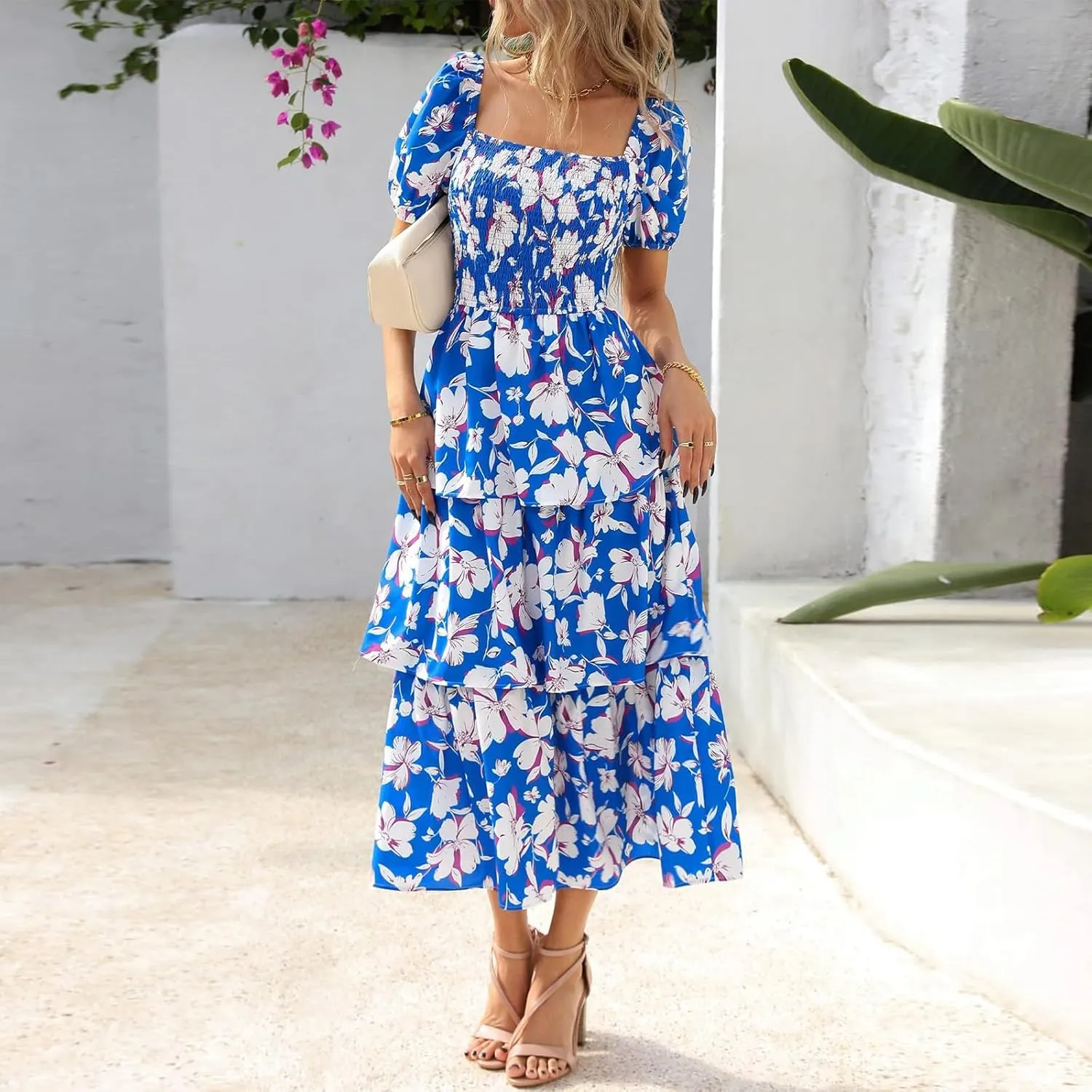 Womens Square Neck Smocked Dress Summer Puff Short Sleeve Floral Casual Ruffle Tiered Maxi Wedding Guest Dresses