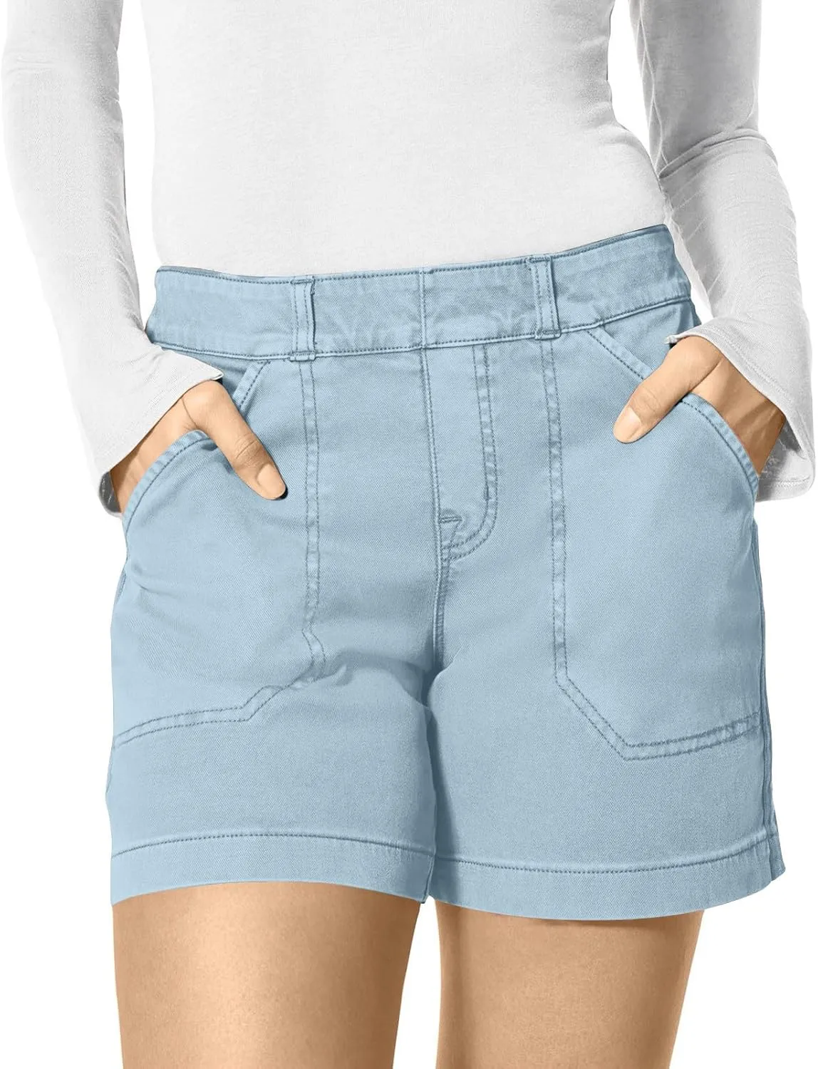 Womens Stretch Twill Shorts Casual High Waisted Stretchy Jean Shorts Loose Chino Denim Bermuda Shorts with Pockets