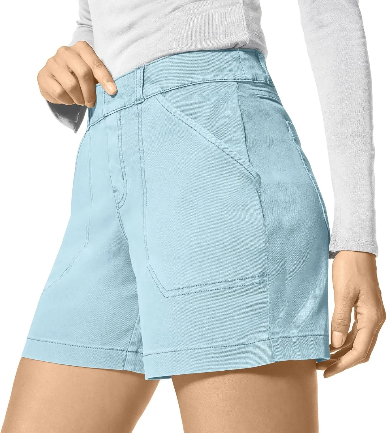 Womens Stretch Twill Shorts Casual High Waisted Stretchy Jean Shorts Loose Chino Denim Bermuda Shorts with Pockets