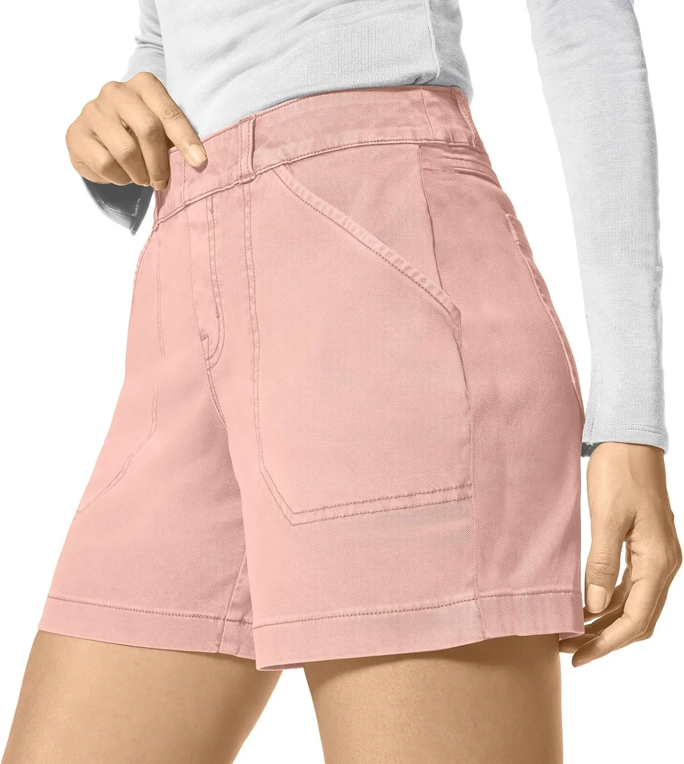 Womens Stretch Twill Shorts Casual High Waisted Stretchy Jean Shorts Loose Chino Denim Bermuda Shorts with Pockets