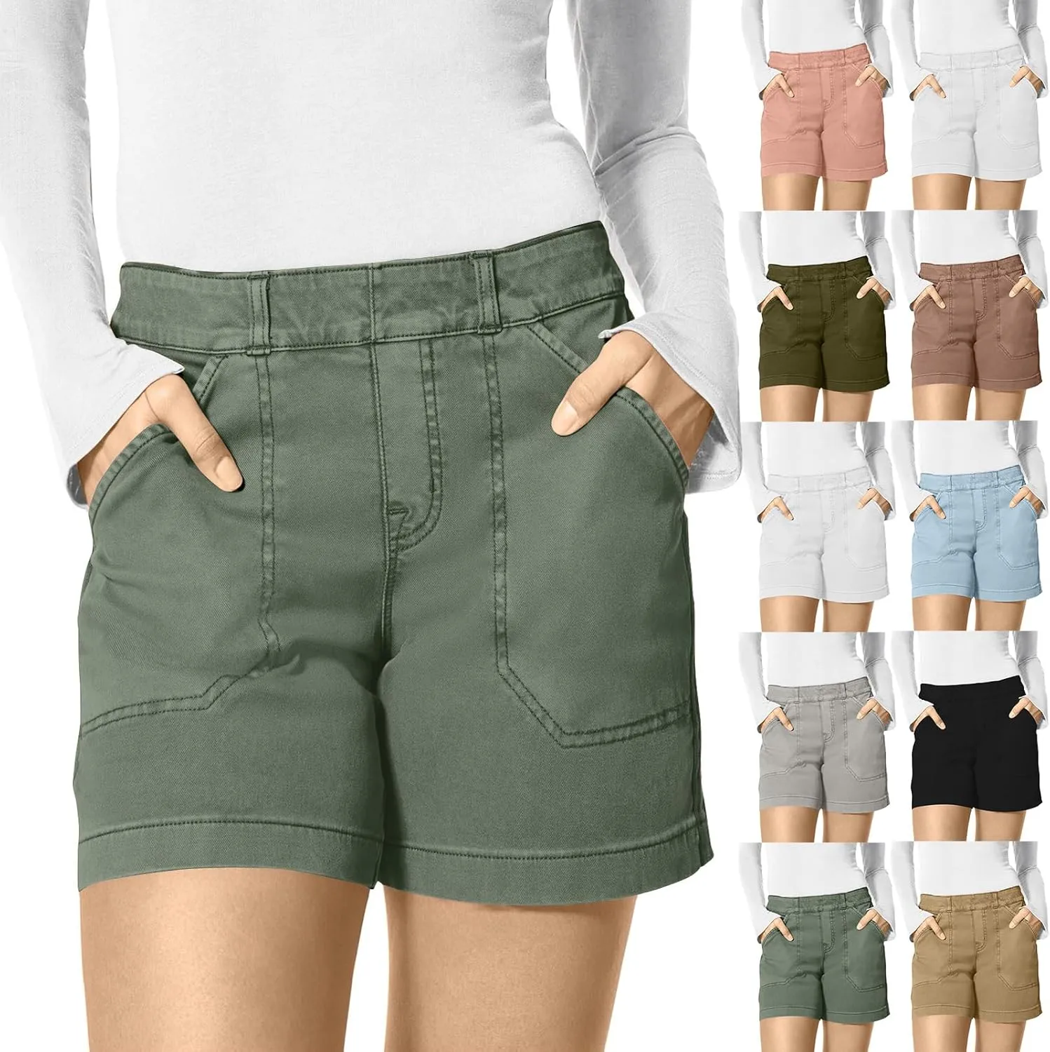 Womens Stretch Twill Shorts Casual High Waisted Stretchy Jean Shorts Loose Chino Denim Bermuda Shorts with Pockets