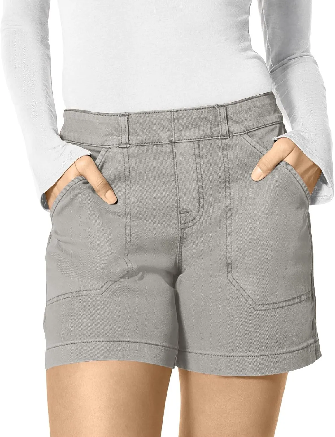 Womens Stretch Twill Shorts Summer Casual Elastic Waist Stretchy Jean Shorts Pull On Chino Denim Shorts with Pockets