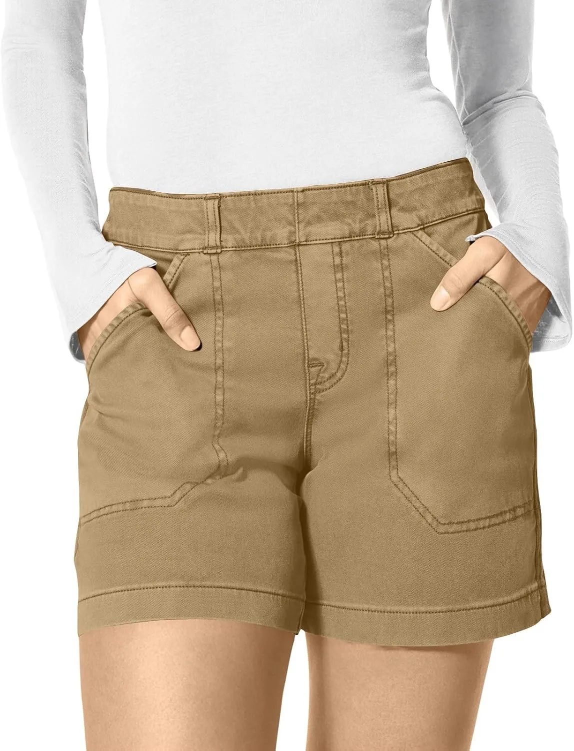 Womens Stretch Twill Shorts Summer Casual Elastic Waist Stretchy Jean Shorts Pull On Chino Denim Shorts with Pockets