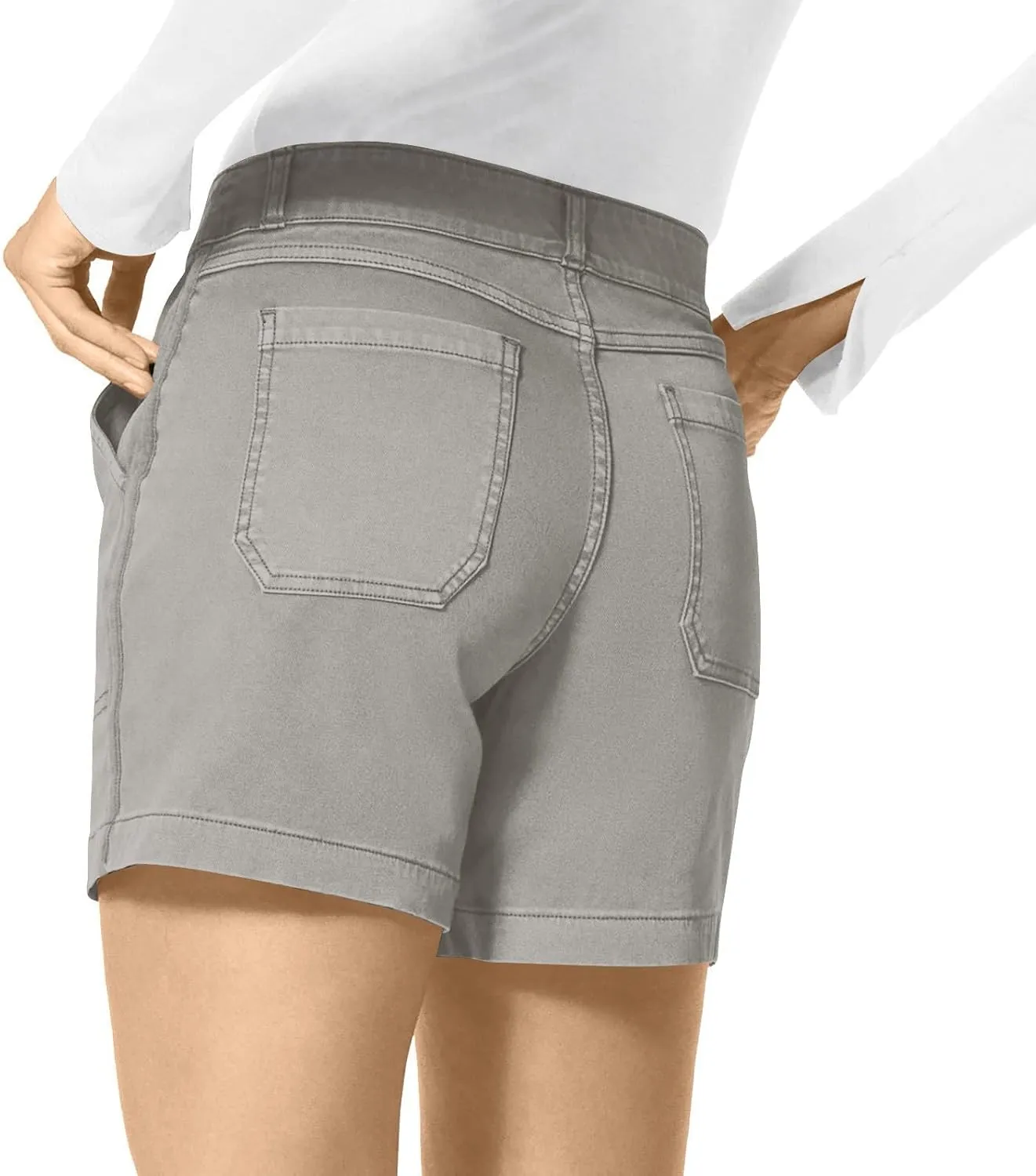 Womens Stretch Twill Shorts Summer Casual Elastic Waist Stretchy Jean Shorts Pull On Chino Denim Shorts with Pockets