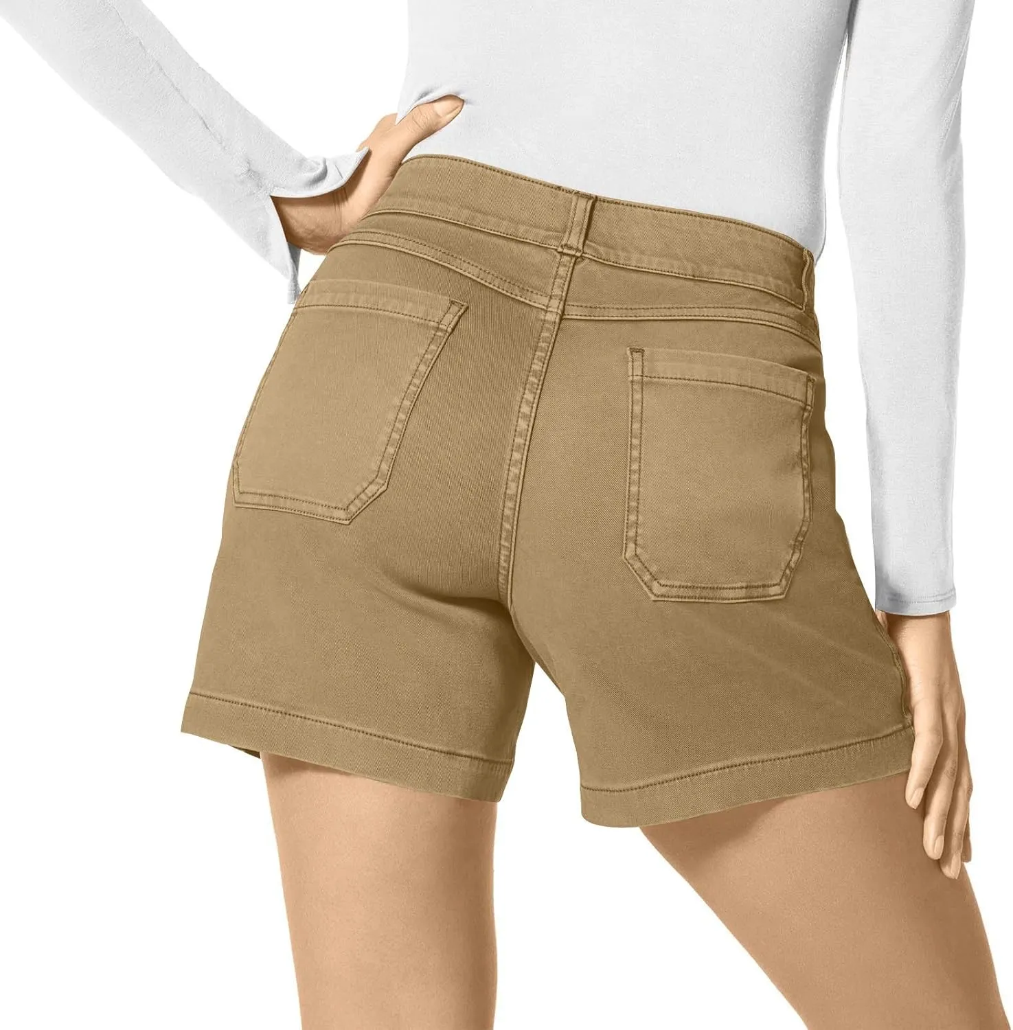 Womens Stretch Twill Shorts Summer Casual Elastic Waist Stretchy Jean Shorts Pull On Chino Denim Shorts with Pockets