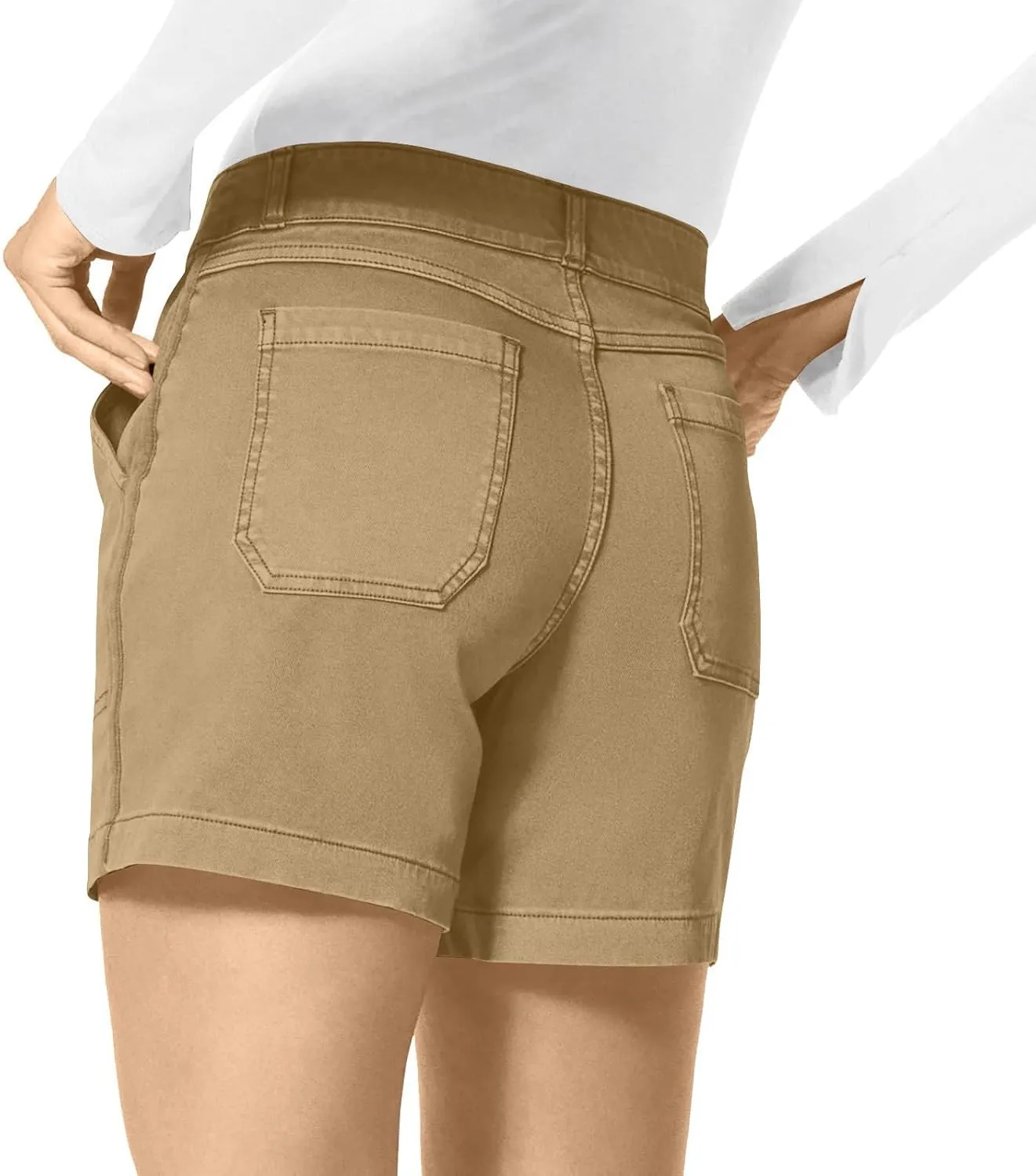 Womens Stretch Twill Shorts Summer Casual Elastic Waist Stretchy Jean Shorts Pull On Chino Denim Shorts with Pockets