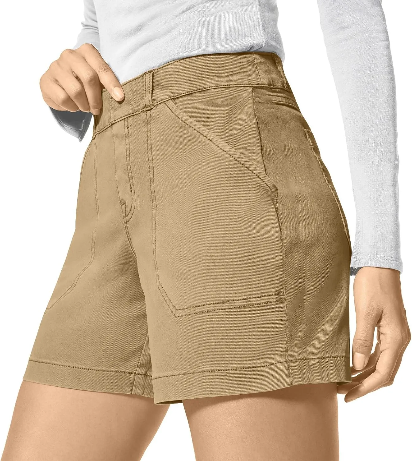 Womens Stretch Twill Shorts Summer Casual Elastic Waist Stretchy Jean Shorts Pull On Chino Denim Shorts with Pockets