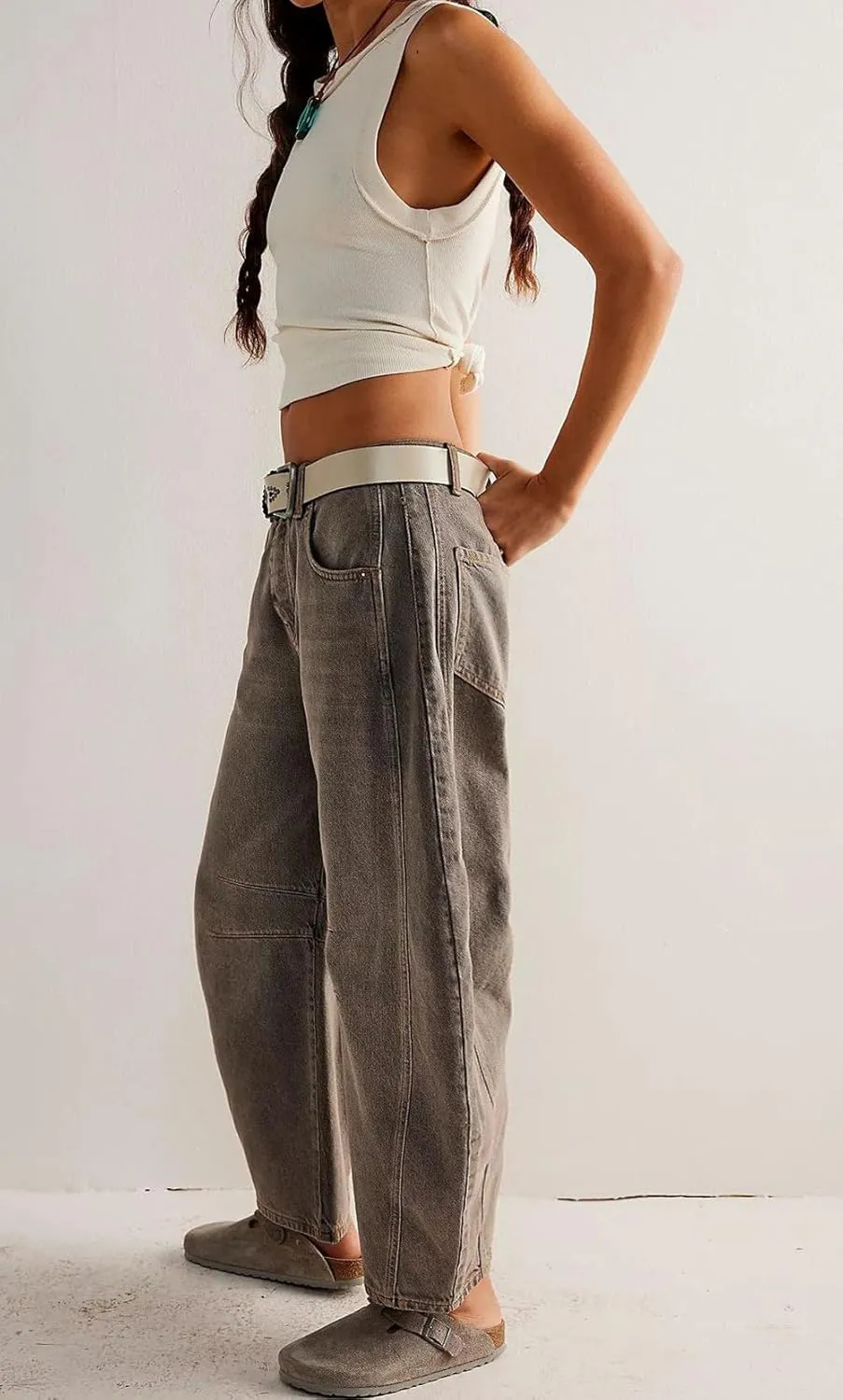 Womens Stretchy Mid Rise Barrel Jeans Vintage Loose Wide Leg Cropped Denim Pants Y2k Baggy Boyfriend Jeans