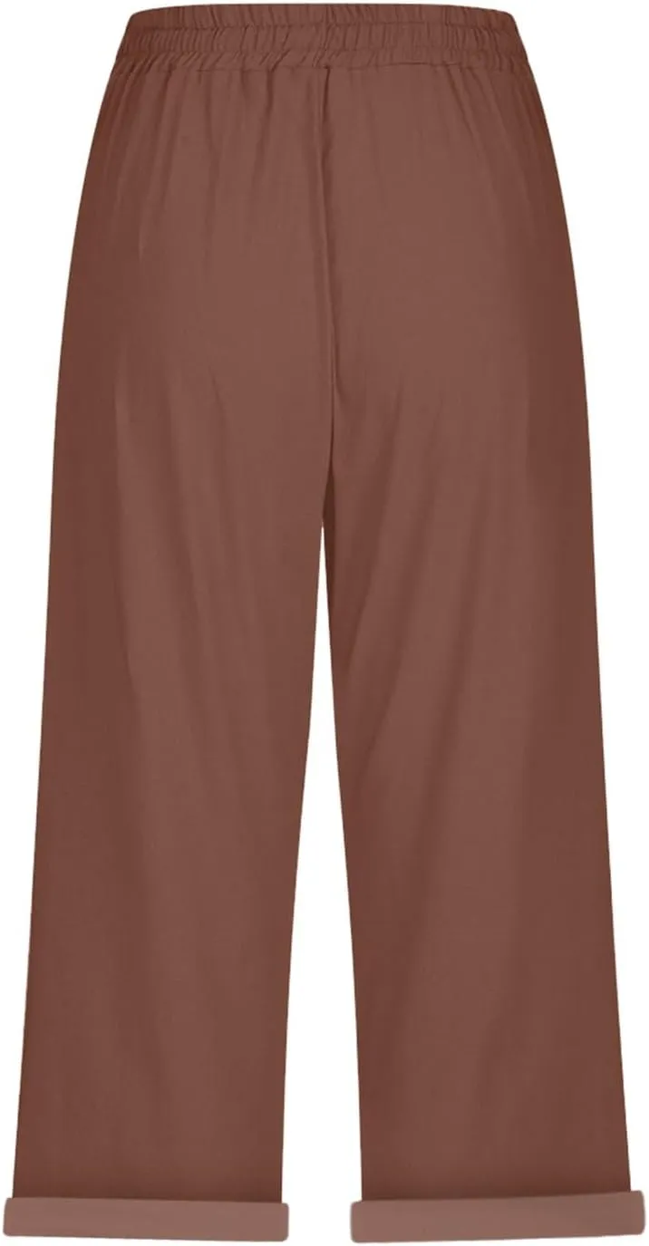 Womens Summer 2024 Cotton Linen Capri Pants Casual Loose Elastic Waist Drawstring Cropped Trouser with Pockets