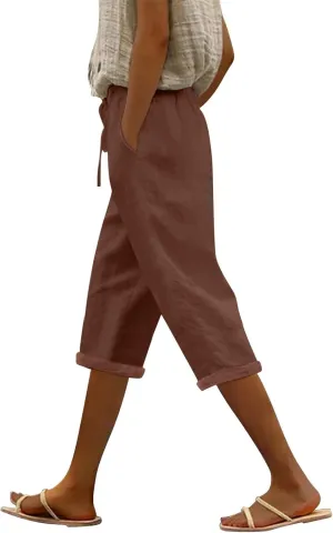 Womens Summer 2024 Cotton Linen Capri Pants Casual Loose Elastic Waist Drawstring Cropped Trouser with Pockets