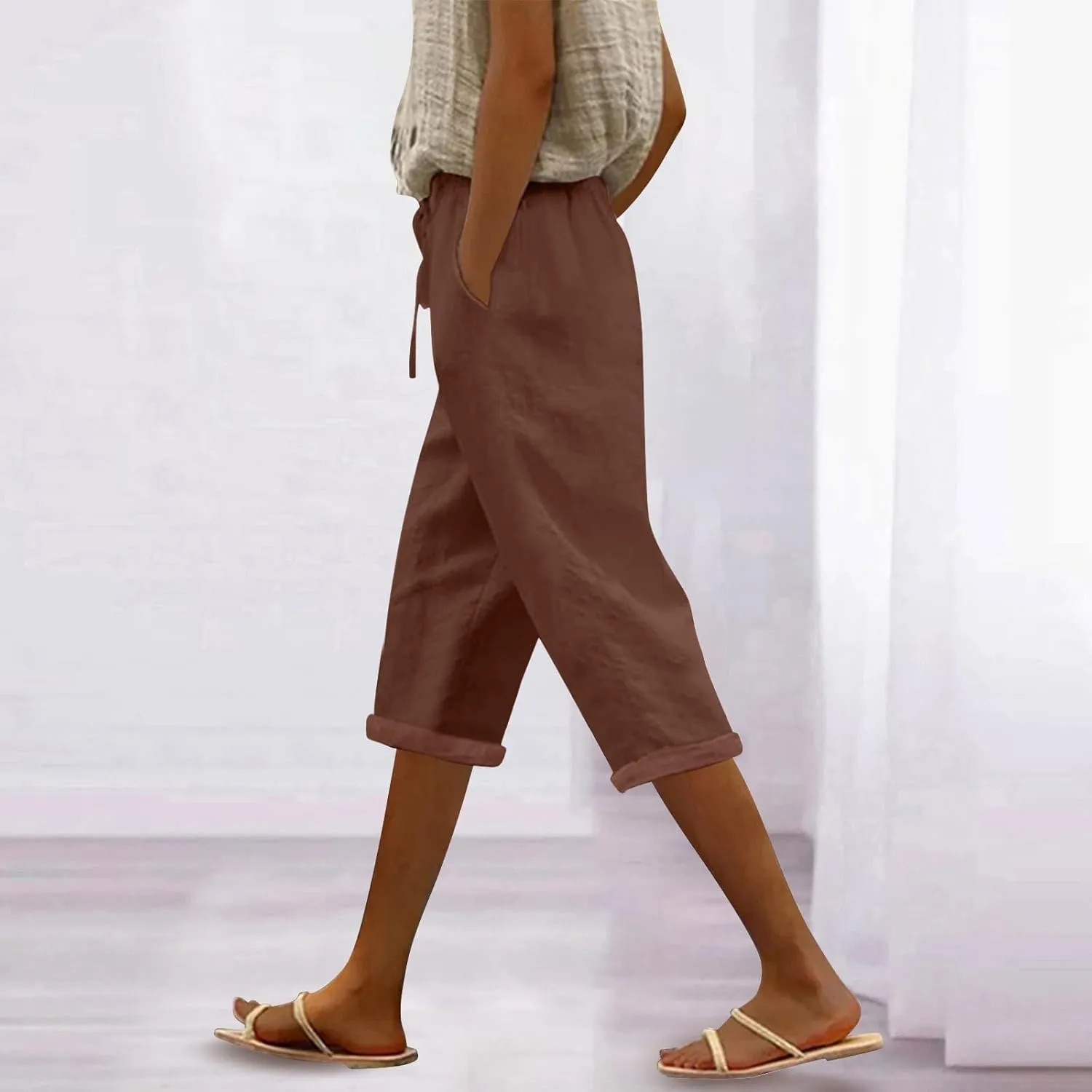 Womens Summer 2024 Cotton Linen Capri Pants Casual Loose Elastic Waist Drawstring Cropped Trouser with Pockets