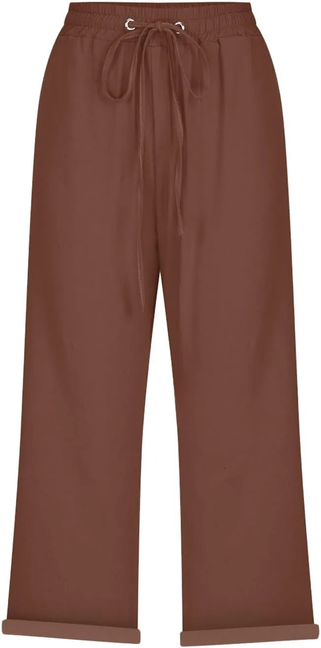 Womens Summer 2024 Cotton Linen Capri Pants Casual Loose Elastic Waist Drawstring Cropped Trouser with Pockets