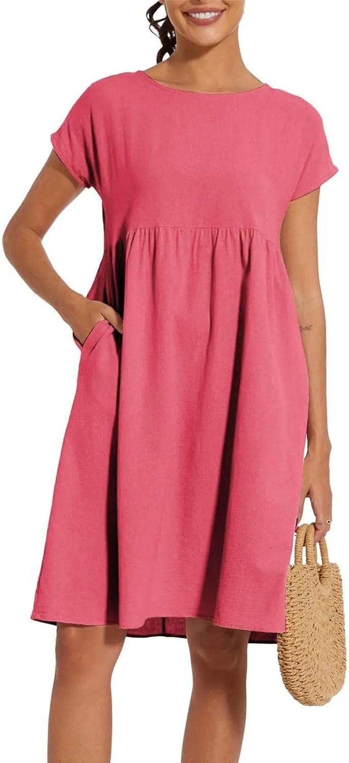 Women's Summer A-Line Dress Plus Size Crew Neck Casual Comfy Cotton Short Sleeve Dresses with Pockets Vacation Outfits
