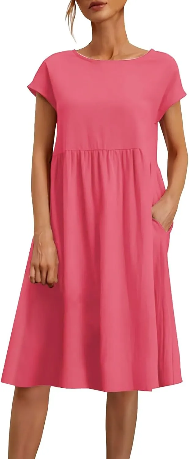 Women's Summer A-Line Dress Plus Size Crew Neck Casual Comfy Cotton Short Sleeve Dresses with Pockets Vacation Outfits