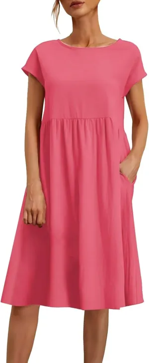 Women's Summer A-Line Dress Plus Size Crew Neck Casual Comfy Cotton Short Sleeve Dresses with Pockets Vacation Outfits