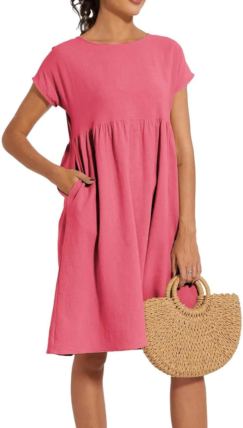 Women's Summer A-Line Dress Plus Size Crew Neck Casual Comfy Cotton Short Sleeve Dresses with Pockets Vacation Outfits