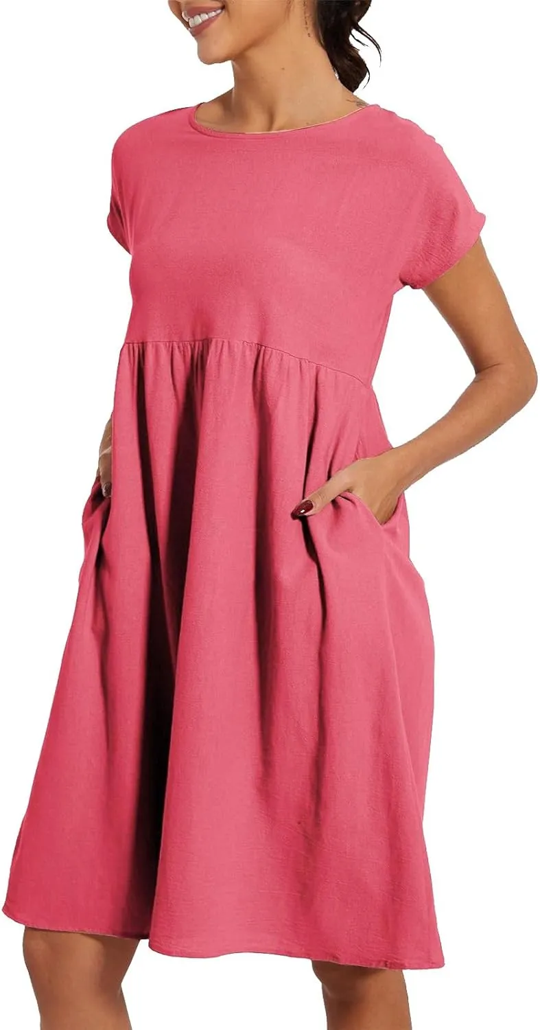 Women's Summer A-Line Dress Plus Size Crew Neck Casual Comfy Cotton Short Sleeve Dresses with Pockets Vacation Outfits