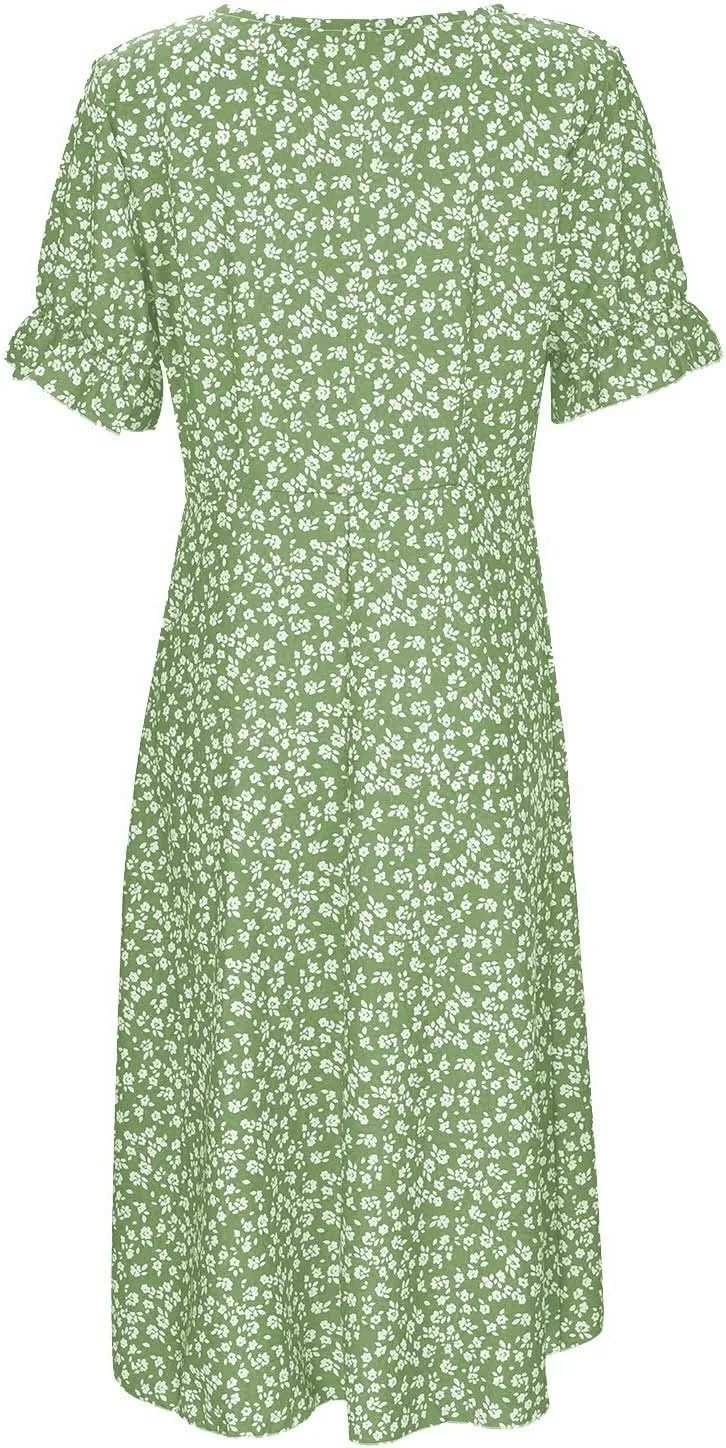Womens Summer Boho Dresses Casual Puff Short Sleeve Midi Wrap Dress Floral Printed V Neck Beach Wrap Vacation Sundress