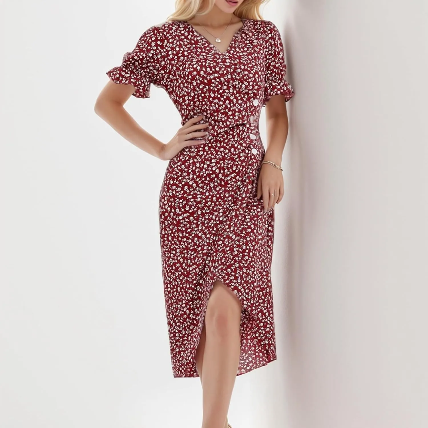 Womens Summer Boho Dresses Casual Puff Short Sleeve Midi Wrap Dress Floral Printed V Neck Beach Wrap Vacation Sundress