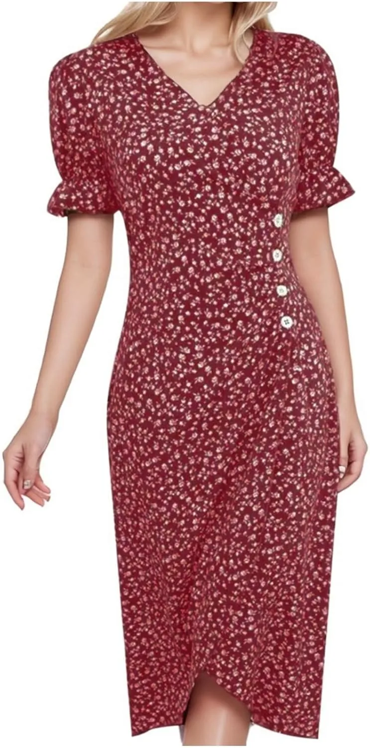 Womens Summer Boho Dresses Casual Puff Short Sleeve Midi Wrap Dress Floral Printed V Neck Beach Wrap Vacation Sundress