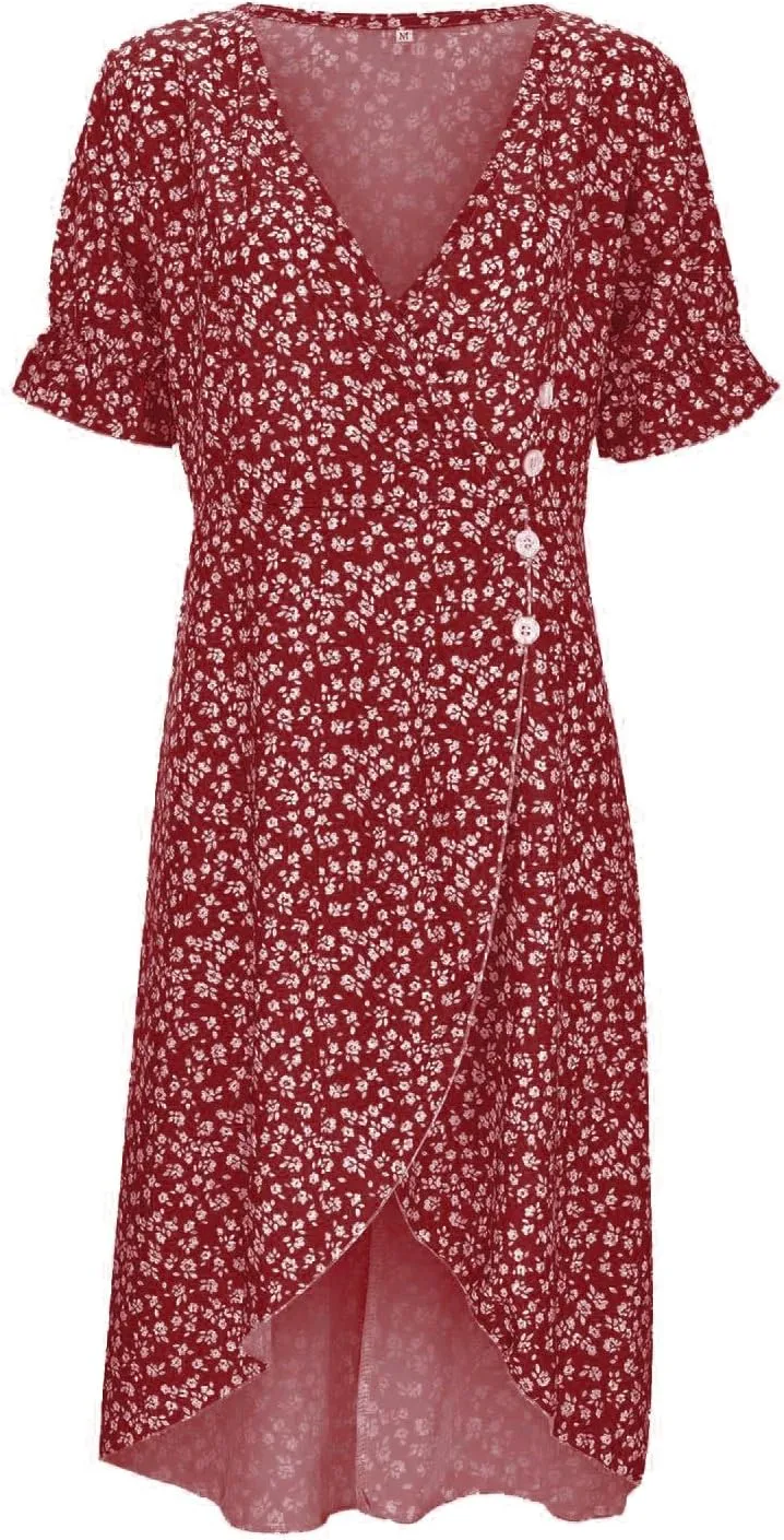 Womens Summer Boho Dresses Casual Puff Short Sleeve Midi Wrap Dress Floral Printed V Neck Beach Wrap Vacation Sundress