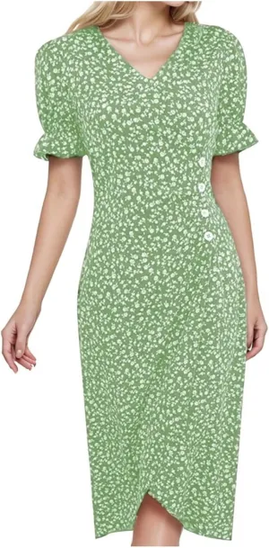 Womens Summer Boho Dresses Casual Puff Short Sleeve Midi Wrap Dress Floral Printed V Neck Beach Wrap Vacation Sundress