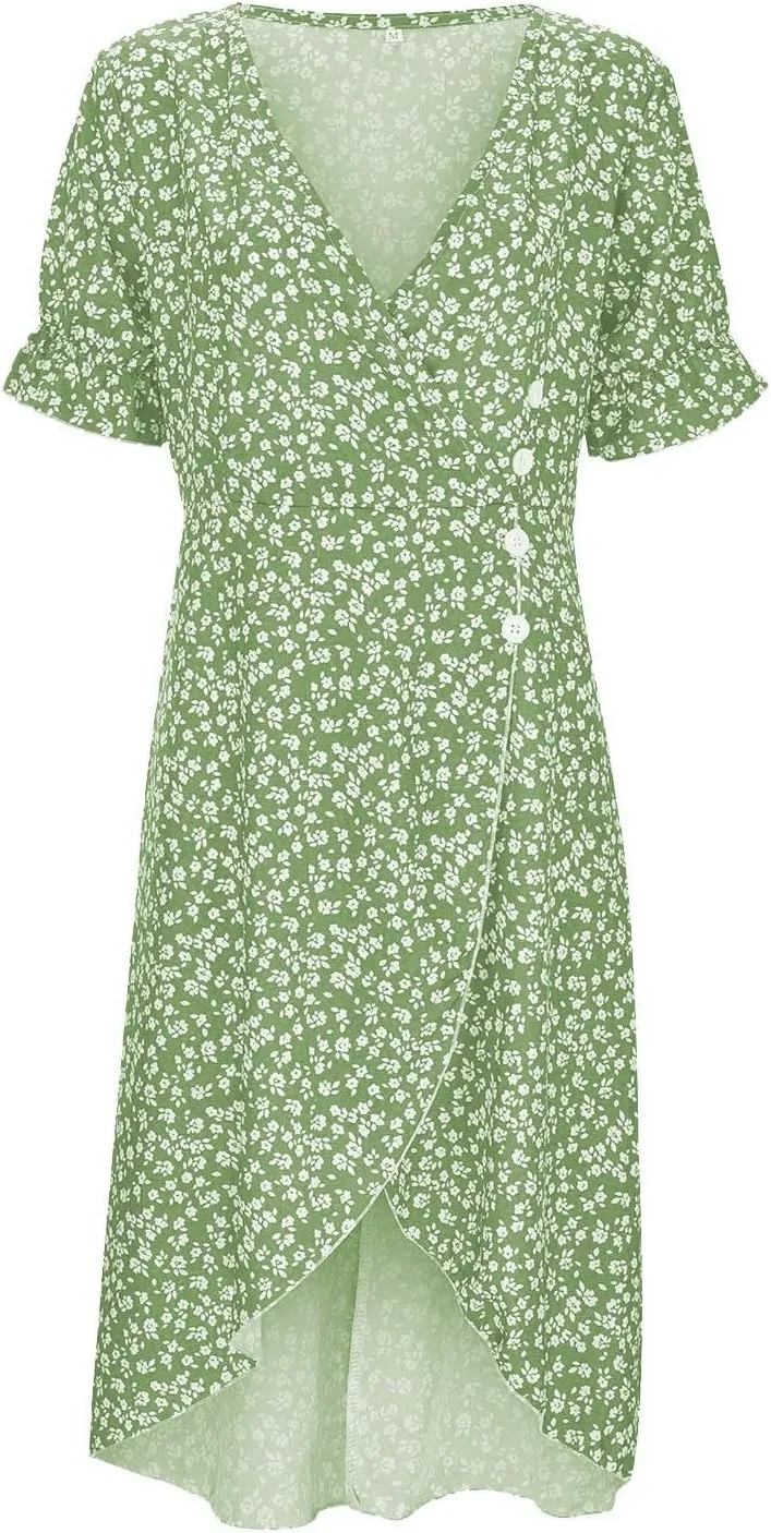 Womens Summer Boho Dresses Casual Puff Short Sleeve Midi Wrap Dress Floral Printed V Neck Beach Wrap Vacation Sundress