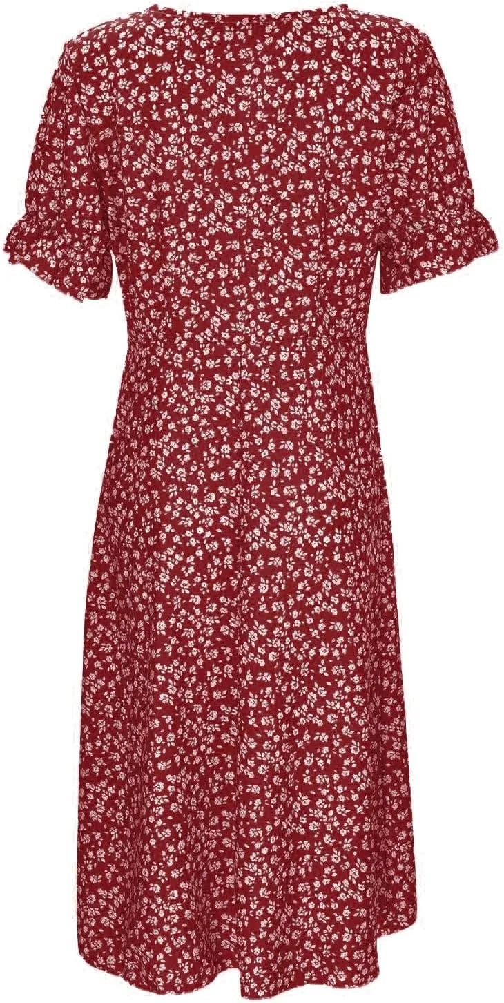 Womens Summer Boho Dresses Casual Puff Short Sleeve Midi Wrap Dress Floral Printed V Neck Beach Wrap Vacation Sundress