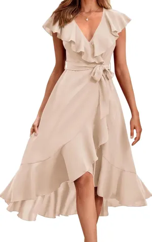 Women's Summer Casual Deep V Neck Wrap Midi Dress Boho Short Sleeve Ruffle Hem Split Beach Long Dresses with Belt