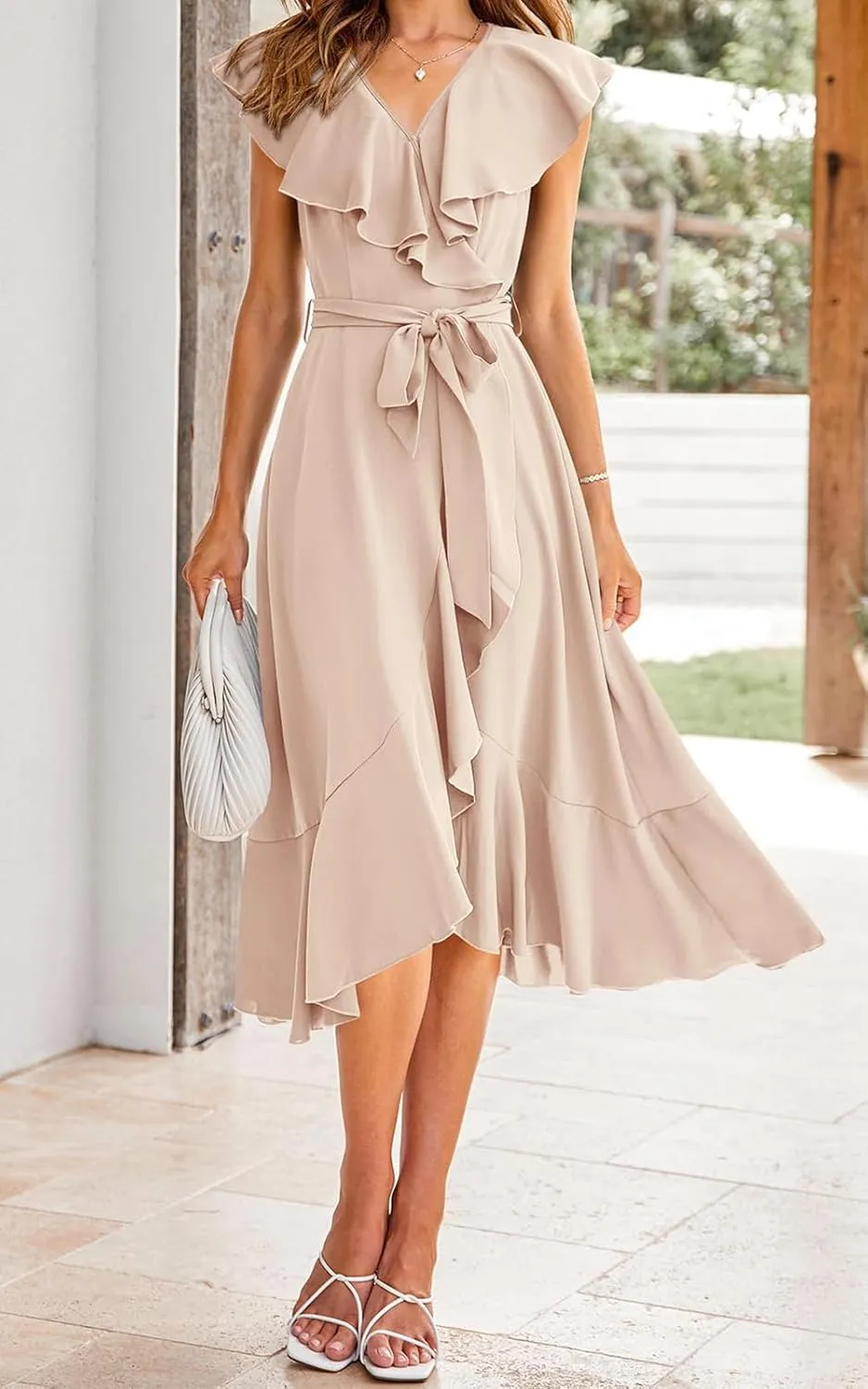 Women's Summer Casual Deep V Neck Wrap Midi Dress Boho Short Sleeve Ruffle Hem Split Beach Long Dresses with Belt