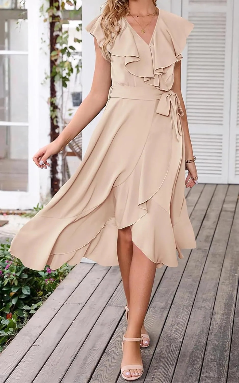 Women's Summer Casual Deep V Neck Wrap Midi Dress Boho Short Sleeve Ruffle Hem Split Beach Long Dresses with Belt