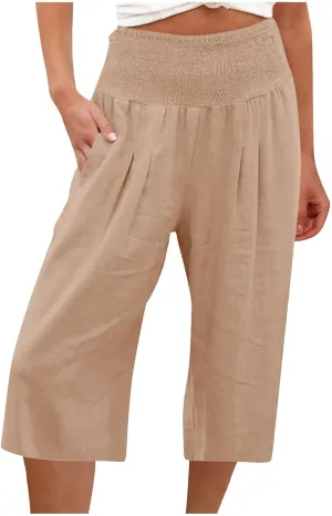 Womens Summer Casual Linen Pants Loose Wide Leg Palazzo Capris Smocked High Waist Flowy Beach Cropped Pants