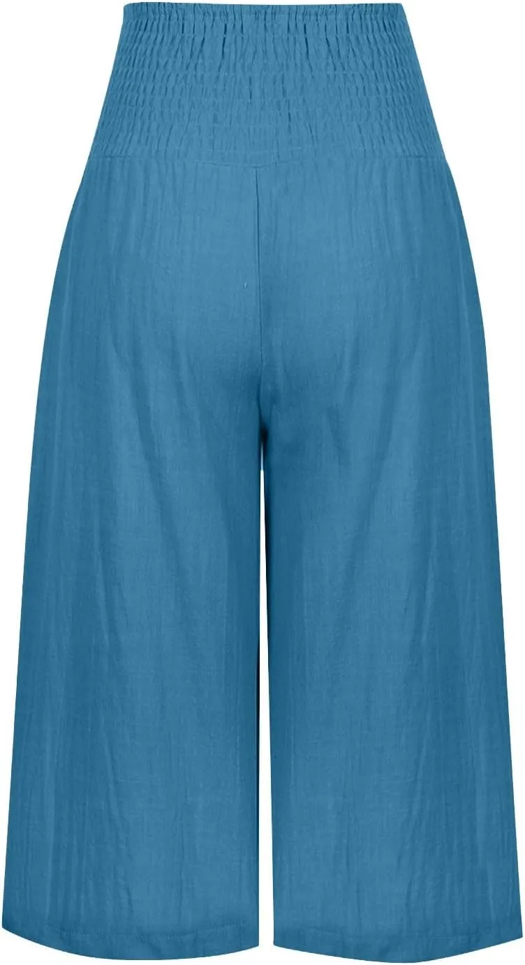 Womens Summer Casual Linen Pants Loose Wide Leg Palazzo Capris Smocked High Waist Flowy Beach Cropped Pants