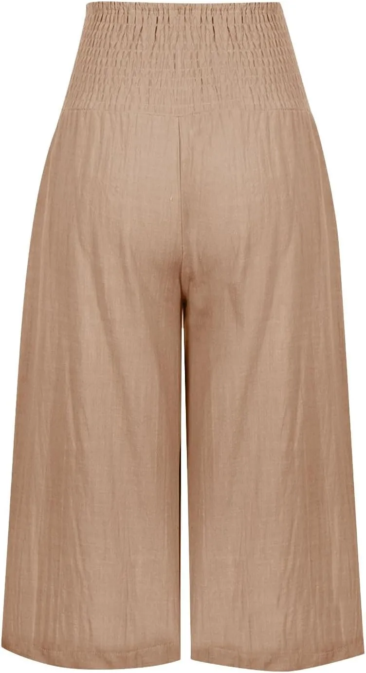 Womens Summer Casual Linen Pants Loose Wide Leg Palazzo Capris Smocked High Waist Flowy Beach Cropped Pants