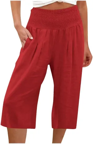 Womens Summer Casual Linen Pants Loose Wide Leg Palazzo Capris Smocked High Waist Flowy Beach Cropped Pants