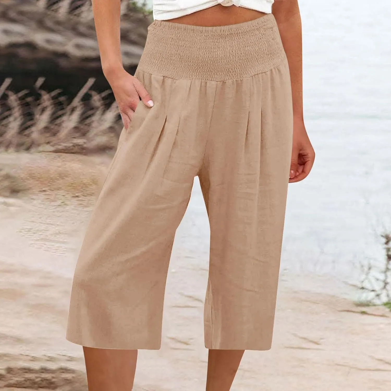 Womens Summer Casual Linen Pants Loose Wide Leg Palazzo Capris Smocked High Waist Flowy Beach Cropped Pants