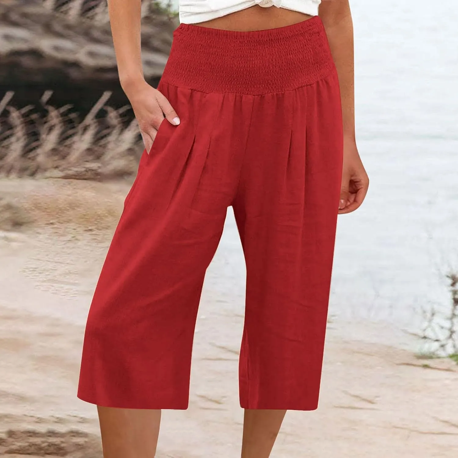 Womens Summer Casual Linen Pants Loose Wide Leg Palazzo Capris Smocked High Waist Flowy Beach Cropped Pants