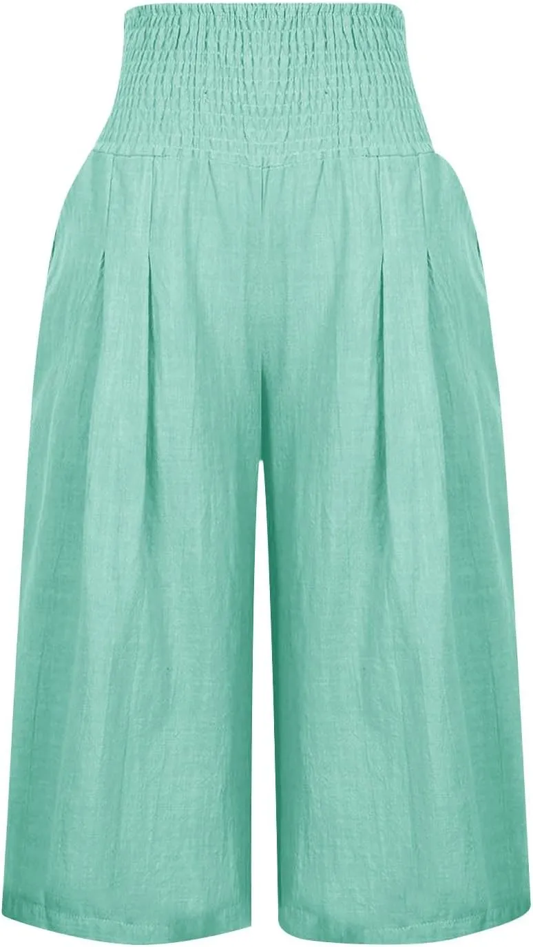 Womens Summer Casual Linen Pants Loose Wide Leg Palazzo Capris Smocked High Waist Flowy Beach Cropped Pants